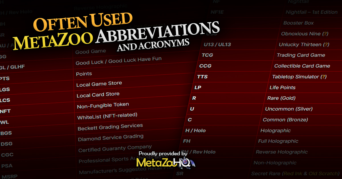 Often Used MetaZoo Abbreviations and Acronyms